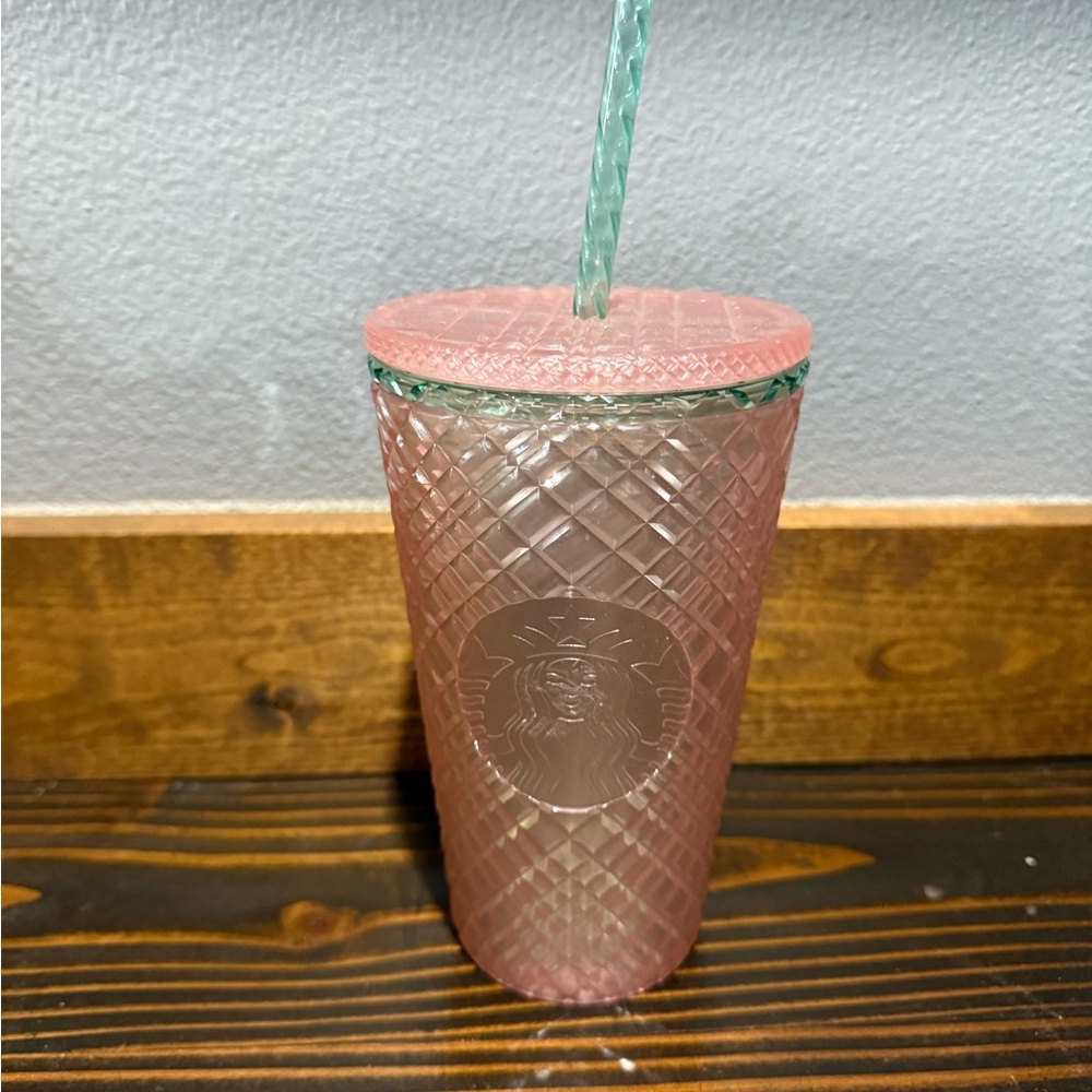 Starbucks Pink Textured Cold Cup with Green Straw